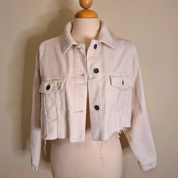 Zara off white raw hem corduroy  oversized jean jacket SZ M - Picture 2 of 8